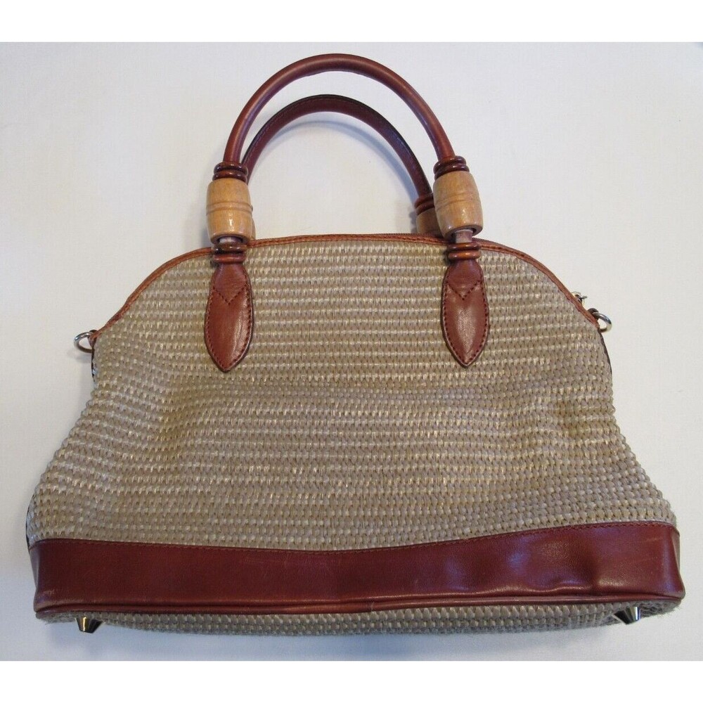 Vintage Pantera Woven and Leather Double Handled Handbag/Purse Wood Accents